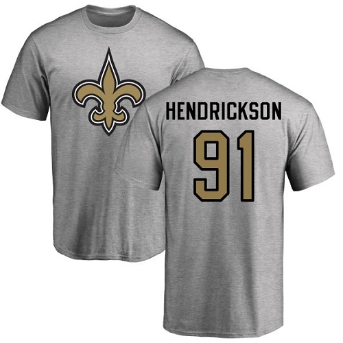 Men New Orleans Saints Ash Trey Hendrickson Name and Number Logo NFL Football #91 T Shirt